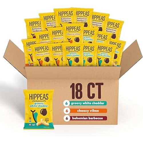 Hippeas Chickpea Puffs, Variety Pack: Vegan White Cheddar, Nacho Vibes, Barbecue, Sriracha, 0.8 Ounce (Pack of 18), 3g Protein, 2g Fiber, Vegan, Gluten-Free, Crunchy, Plant Protein Snacks