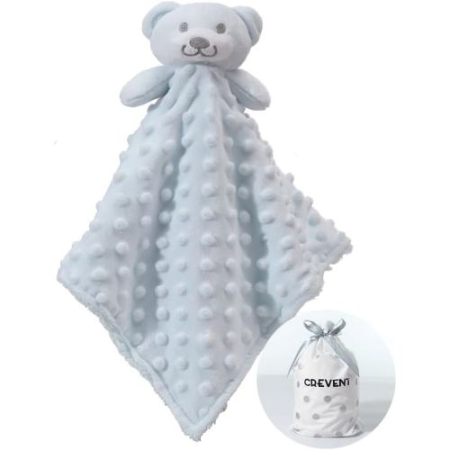 CREVENT Plush Cozy Lovey Security Blanket with Minky Dot, for Newborn Boy or Girl, Blue Bear