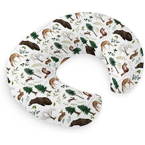 HawSkgFub Woodland Forest Animals Creatures Nursing Pillow Cover for Baby Boys, Pine Tree Bear Fox Deer Leaf Breastfeeding Pillow Slipcover, Nursing Pillowcase for Newborn Infant, Cover Only