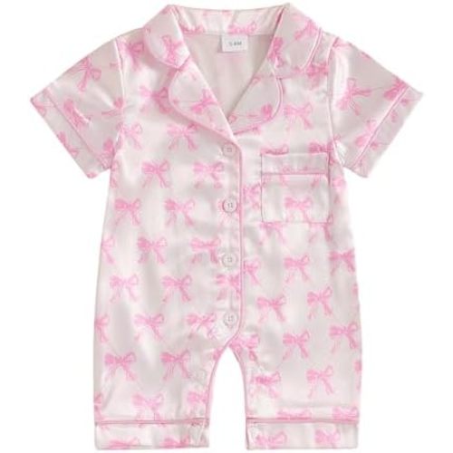 Multitrust Newborn Baby Boy Girl Silk Pajamas Short Sleeve Button Up Satin Pjs One Piece Romper Onesie Shorts Baby Sleepwears