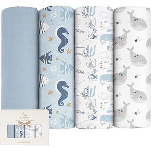 Yoofoss Muslin Swaddle Blankets, 4-Pack Receiving Blankets for Baby Boys and Girls, 47 x 47 Inches Baby Blankets Neutral Swaddle Wrap 70% Rayon from Bamboo and 30% Cotton
