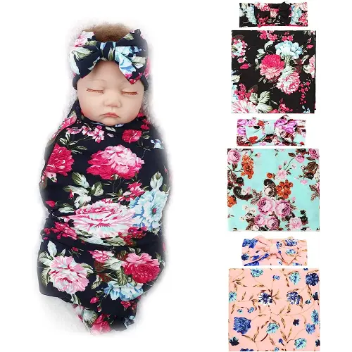 DRESHOW BQUBO Newborn Floral Receiving Blankets 3 Sets Newborn Baby Swaddling with Bow Headbands Sleepsack Toddler Warm Shower Gift