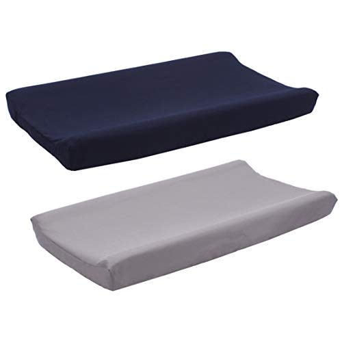 Belsden 2 Pack Microfiber Soft Changing Pad Cover Set, with 2 Considerate Safety Belt Holes, Durable Diaper Change Table Sheet Set for Baby Boys, 16" by 32" plus generous 8" depth, Grey & Navy Colors