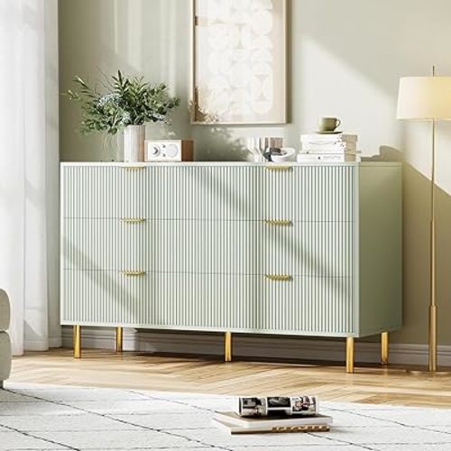 IDEALHOUSE Green 6 Drawer Dresser, Modern 6 Drawer Dresser for Bedroom with Gold Handle and Large Drawer, Wood Double Chest of Drawers and Storage Organizer for Living Room, Hallway, Entryway