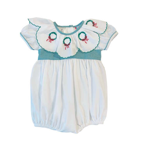 The Best Dressed Child Baby Girls White Christmas Bubble - Embroidered Wreaths on Scallop Collar