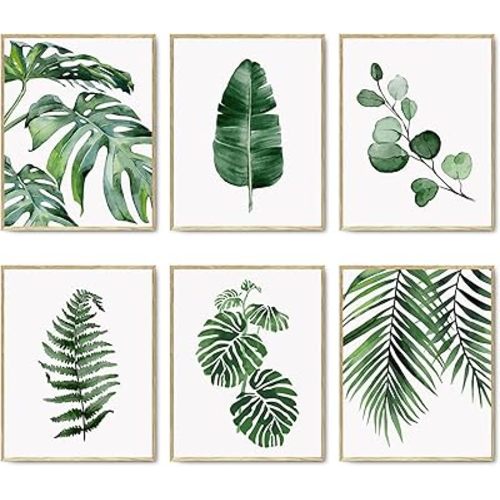 HoozGee Green Botanical Wall Art Print Set of 6 Natural Plant Leaves Home Decor Boho Leaf Bathroom Wall Art Canvas Plant Posters Leaf Art Prints Poster Set Room Decor (8"x10" UNFRAMED)