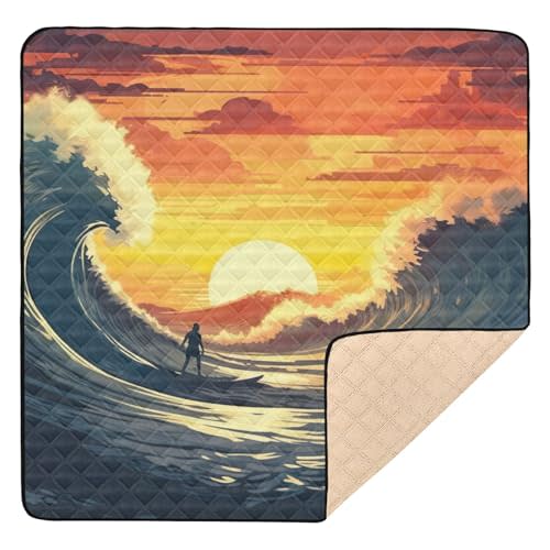 WELLDAY Surfer Riding Waves Baby Play Mats, Waterproof Anti- Slip Play Mat for Babies, Thicken Soft Foldable Baby Play mats for Floor, 50"×50"