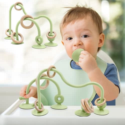 Baby Sensory Teething Chew High Chair Suction Toys for Infant Toddlers 6 12 18 24 Months, Food Grade Silicone Teether with Oak Loop Montessori Educational Baby Bath Toy Gifts (Green)