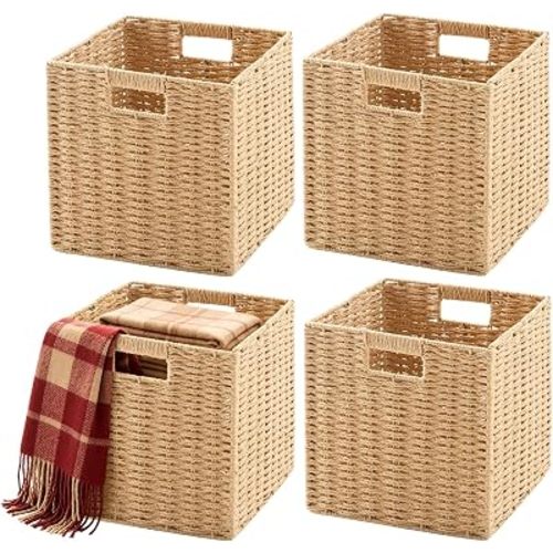 Paper Rope Storage Baskets Set of 4, 11×9.8×11 Inch Foldable Wicker Cube Storage Bins with Metal Frame for Pantry, Bedroom and Home Décor, Natural Color
