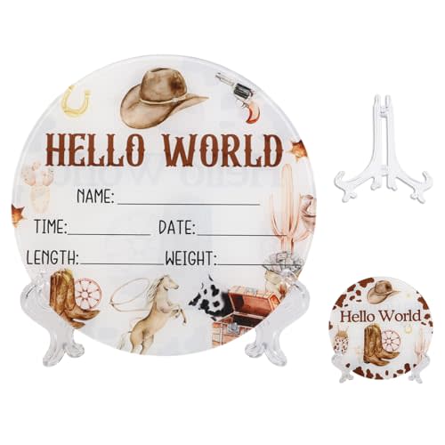 CORNER LACE Acrylic Baby Birth Announcement Sign with Stand, Western Cowboy Theme Double-Sided Newborn Name Board, Hello World Milestone Card for Welcome Baby Hospital Nursery Gift Photo Prop