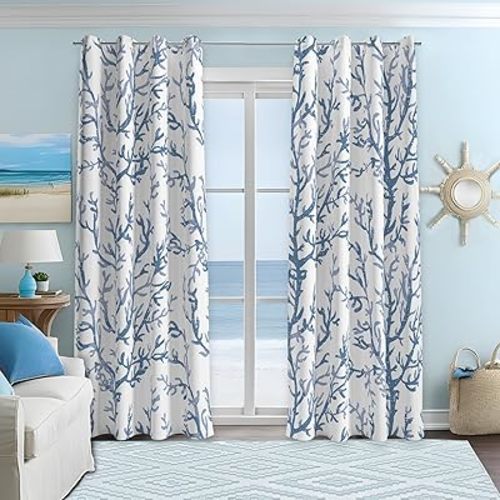 weesire Nautical Coastal Curtains Decorative Beach Ocean Coral 50% Light Blocking Sea Darkening Grommet Curtain for Villa Living Room, Bedroom Navy Blue and White 2 Panels Set, 52x63 Inches