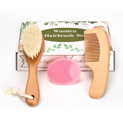 Baby Hair Care Kit, Wooden Natural Goat Bristles Brush Cradle Cap Comb + Pink Baby Shower Scrubber Set for Newborns Toddlers Boys Girls Baby Grooming Kit