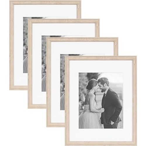 Kate and Laurel Adlynn Rectangle Picture Frame Set of 4, 11 x 14 matted to 8 x 10, Natural, Transitional Four-Piece Frame Set for Gallery Wall Frame Set in Living Room Wall Decor