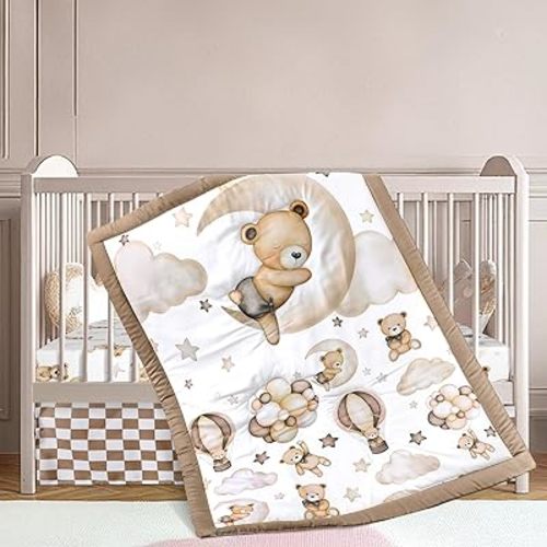 3 Pcs Baby Crib Bedding Set Safari Animals Dinosaurs Teddy Bear Woodland Animals Jungle Crib Set Includes Quilt, Fitted Sheet, Skirt for Baby Boy Girl(Brown,Teddy Bear)