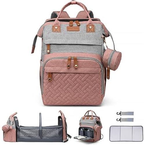 Diaper Bag Backpack Baby Diaper Bag Multifunctional Waterproof Diaper Bag with Changing Station Travel Backpack with Changing Pad, Baby Baby Pacifier Case & Stroller Straps(PinkGrey)