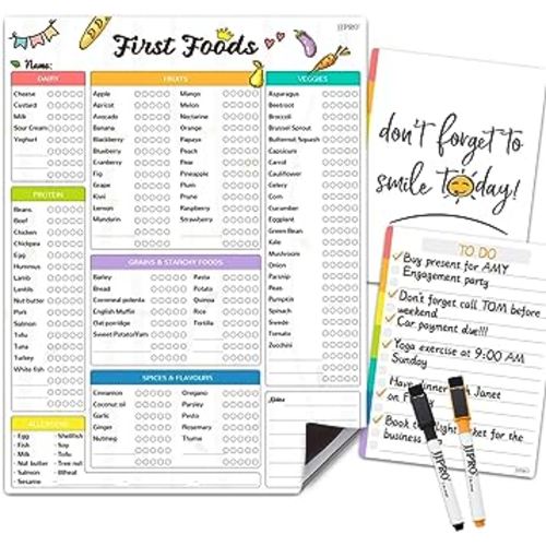 JJPRO Baby First Foods Tracker Whiteboard-Fridge Magnet to Log Daily Food from 6 Months, Baby Food Chart, 101 Before One,Dry Erase Checklist/Two Bonus Notepads -14.5" x 11"