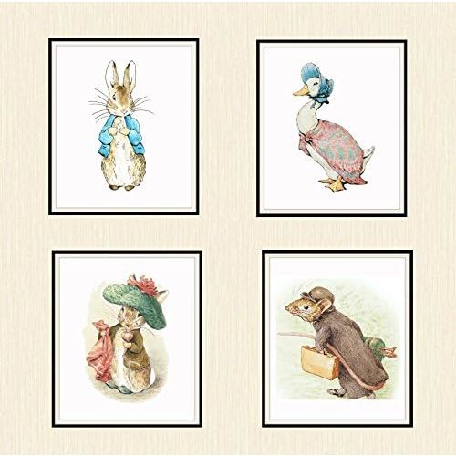 Set of 4 Beatrix Potter Print Reproductions, Unframed Peter Rabbit and Friends, Jemima Puddle Duck, Benjamin Bunny, Johnny Town Mouse, Nursery, Baby Prints, Shower Gift 8 x 10