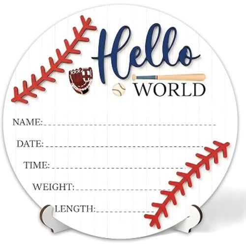 3D Baseball Hello World Newborn Sign for Hospital, Baseball Baby Announcement Sign for New Baby Boy Girl, Welcome Babies Birth Wooden Signs for Nursery, Neutral Newborn Photography Props-A02
