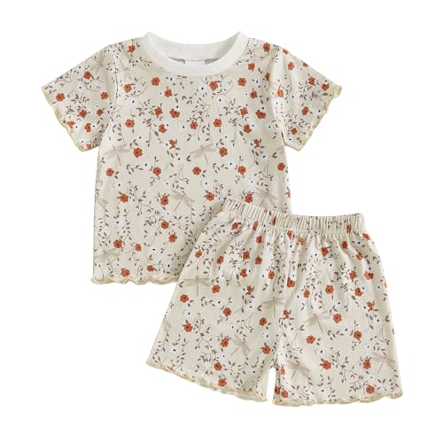fhutpw Toddler Baby Girls Summer Clothes Floral Crewneck Short Sleeve T-Shirts Tops Ruffle Shorts Cute Outfits Set 6M-4T