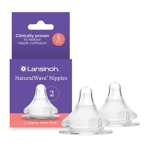 Lansinoh NaturalWave Baby Bottle Nipples – 100% Soft, Durable Silicone, Made Without BPA BPS, Anti-Colic, Supports Baby’s Developing Mouth and Teeth, Slow Flow, Size S, 2 Count, 1+ Month