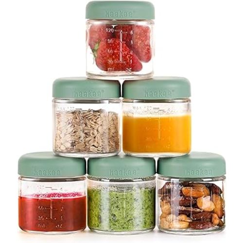 Haakaa Glass Baby Food Jar with Silicone Lid – 6pc 6 x 4oz,Premium Lab-quality Borosilicate Glass, Plastic-free, Freezer, Microwave & Ovensafe.