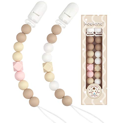 Pacifier Clip for Baby Girls - Kowlone Silicone Teething Beads Binky Holder Soothie Paci Teether Clips 2 Pack (Pink, Beige)