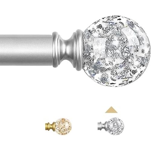 Silver Decorative Crystal Curtain Rods:66-120 Inch Heavy Duty Adjustable Window Curtains Rods for Bedroom Living Room,Nickel Modern Girly Acrylic Drapery Rods Set with Sheer Bling Foil Finials