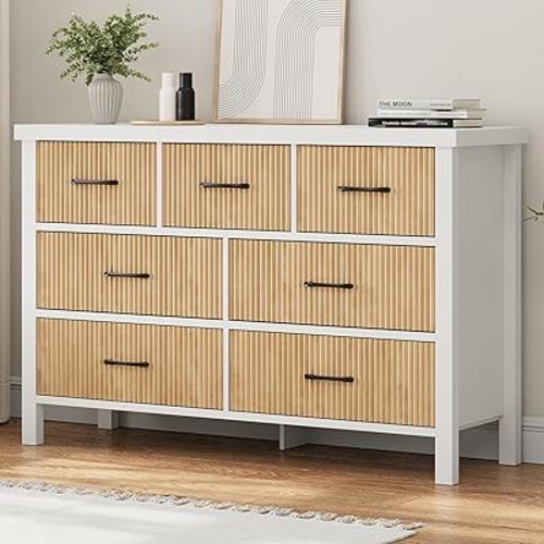 Fluted 7 Drawers Dresser for Bedroom, Modern Chest of Drawers with Metal Handles, Wood Storage Dresser with Deep Drawers for Living Room, Hallway