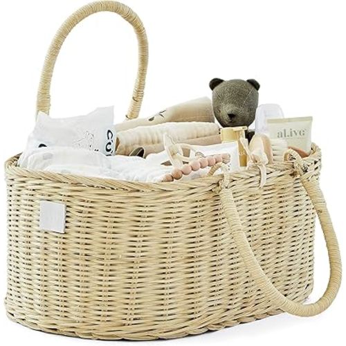 Baby Diaper Caddy Organizer - Handmade Rattan - Luxury Diaper Caddy Basket - Cute Diaper Caddy for Baby Girl & Diaper Caddy for Baby Boy - Nursery Basket (SAVANNAH)