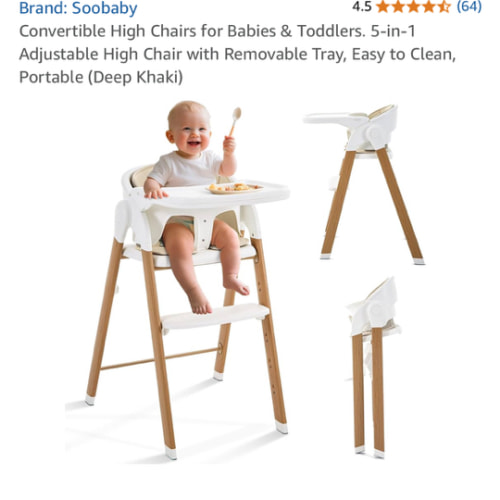 Convertible High Chairs for Babies & Toddlers. 5-in-1 Adjustable High Chair with Removable Tray, Easy to Clean, Portable (Deep Khaki)