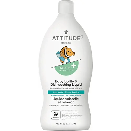 ATTITUDE Baby Dish Soap and Bottle Cleaner, EWG Verified Dishwashing Liquid, No Added Dyes or Fragrances, Tough on Milk Residue and Grease, Vegan, Pear Nectar, 23.7 Fl Oz
