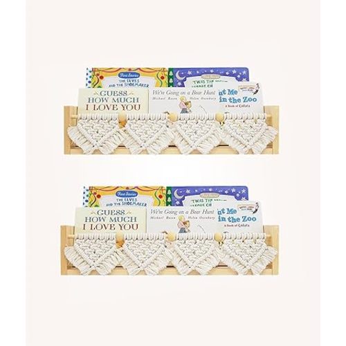 2 Pack Macrame Kids Bookshelf for Wall, Boho Floating Shelves for Room Decor, Wood Hanging Book Shelf Storage Organizer for Nursery Toddler Bedroom Classroom