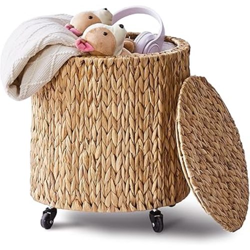 Handwoven Natural Laundry Hamper with Lid and Wheels, Rolling Laundry Basket, Wicker Clothes Hamper for Bedroom, Bathroom, Laundry Room (Natural)