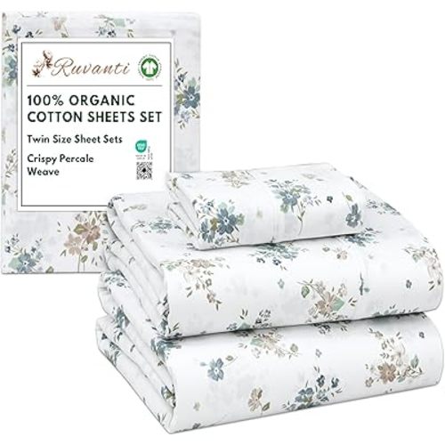 100% Organic Cotton Sheets Twin Size, Percale Weave, GOTS Certified, 3-Piece Set, Deep Pocket 15", Crisp & Breathable, Soft Durable Bedding, Sábanas Algodón Orgánico – Halcyon