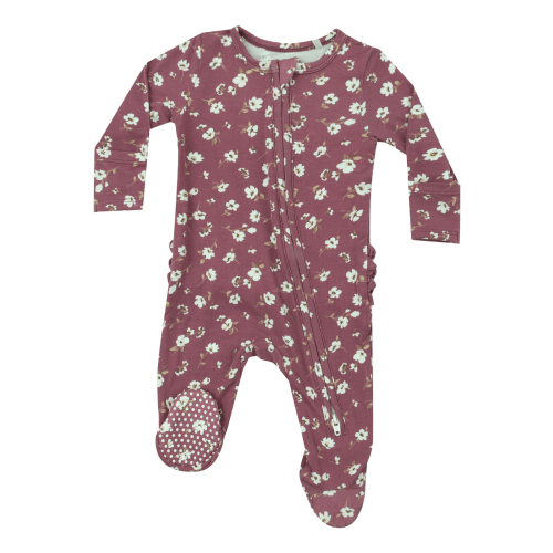 Ruffle Back 2-Way Zip Footie, Plum Floral