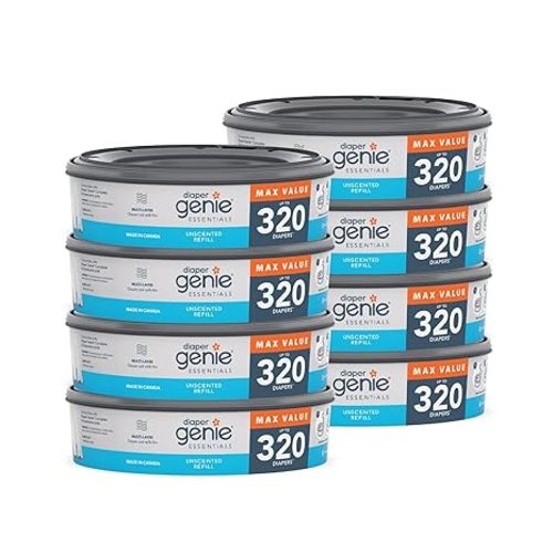 Diaper Genie Essentials Round Refill 8-Pack | Holds Up to 2560 Newborn Diapers | Features Unscented Continuous Film | Compatible with Diaper Genie Complete and Expressions Pails,8 Count (Pack of 1)
