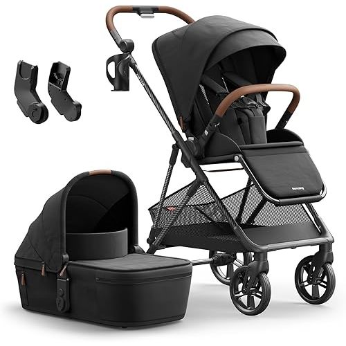 MAMAZING Air Lux Baby Stroller, Strength Carbon Fiber Frame & Only 15.8lbs, Infant Stroller with Bassinet & Cup Holder, One-Hand Compact Folding & Reversible Seat, Soft Insert & Car Seat Adapter