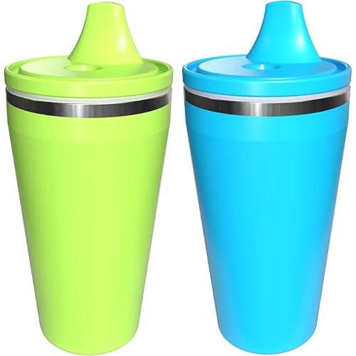 Re-Play 10 oz Insulated Stainless Steel Sippy Cup (2 Pack) - No-Spill Hard Spout Toddler Cup, Keeps Drinks Cold, Dishwasher Safe & Durable - Made in USA, Lime/Sky