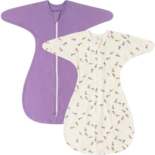 ZIGJOY Shark-Fin Transition Swaddle - 1.0 Tog Baby Sleep Sack Soft Cotton Transitional Swaddle Baby Wearable Blanket with 2-Way Zipper for All Seasons, Purple&Flower, 3-6 Months