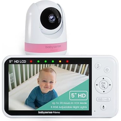 Babysense New Prisma Baby Monitor with Camera and Audio, 5” HD Video Baby Monitor, 6-Color Night Light, Split Screen, Baby Sound Machine with White Noise & Lullabies, Secure No WiFi