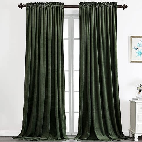 Benedeco Blackout Green Velvet Curtains for Bedroom Window, Light Filtering Drapes for Living Room Darkening Soundproof Thermal Curtain Rod Pocket 52 x 96 inches Long Length Set of 2 Panels