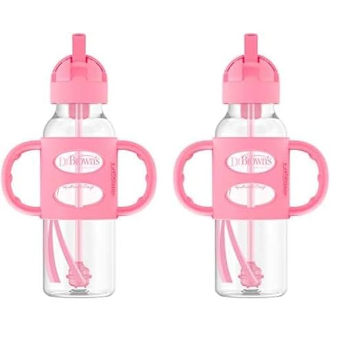 Dr. Brown's Milestones Narrow Sippy Straw Bottle, Spill-Proof with 100% Silicone Handles and Weighted Straw, 8 oz/250 mL, Pink, 6m+ (Pack of 2)