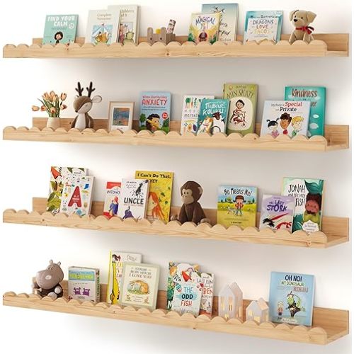 Nursery Book Shelves, 4-Pack Wood Floating Shelves for Wall Kids, Scalloped Shelves, Wall Book Shelves for Bedroom Kids, Toddler Room, Baby Room, Nursery Decor(Wood, 36 Inches)