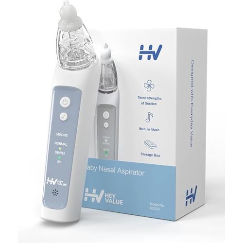 HEYVALUE Nasal Aspirator for Baby, Electric Baby Nose Sucker, Automatic Nose Cleaner with 3 Silicone Tips, Adjustable Suction Level and Music Soothing Function (Blue)