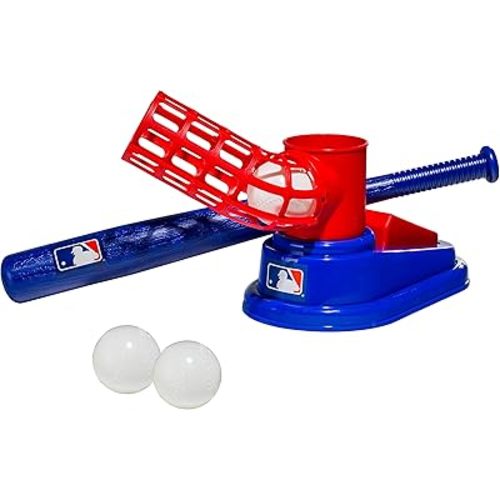 Franklin Sports Kids Baseball Pitching Machine - Pop A Pitch Baseball Batting Machine with Youth Bat + 3 Plastic Baseballs - Boys + Girls Baseball Toy,Red/Blue