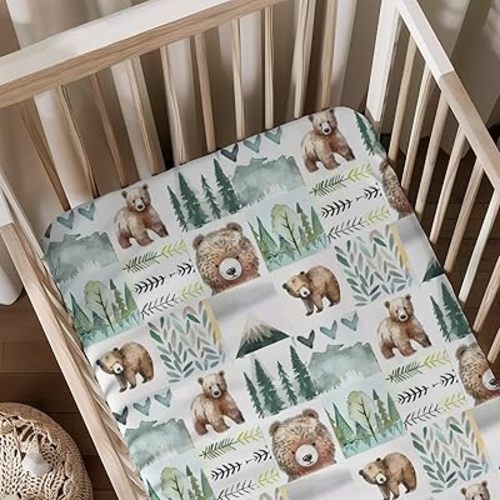 Watercolor Forest Bear Mountains Trees Patchwork Pattern Baby Sheets for Crib, Unisex Bear Nursery Fitted Bed Sheet for Boys Girls Standard Crib and Toddler Mattress-28x52