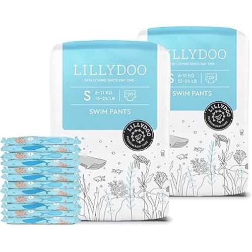 LILLYDOO Baby Swim Diapers - Size Small (13-24 lbs), Half-Monthly Supply (40 Count), Blue Whales Design, Skin-Friendly, Perfume- & Chlorine-Free, Hypoallergenic, Dermatologist Tested, Oeko-TEX®
