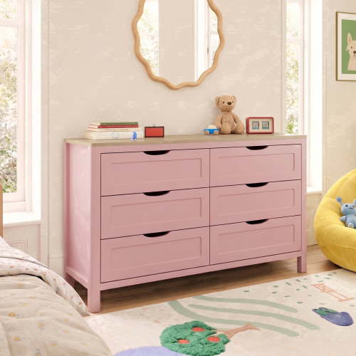 Treocho Farmhouse 6 Drawer Dresser for Bedroom, 47'' Wide with Hidden Handles, Wooden, Pink