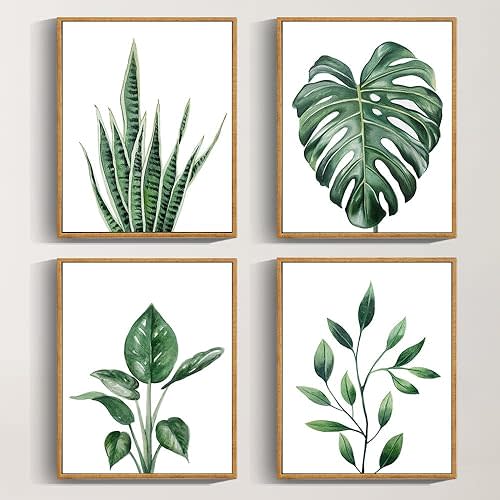 Drsoum Botanical Canvas Framed Wall Art Watercolor Green Leaf Tropical Plant Art Prints Boho Decor for Bedroom Bathroom Kitchen Home Office Decorations 8"x 10"x 4pcs