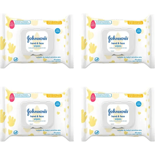 Johnson's Baby Hand & Face Baby Sanitizing Cleansing Wipes for Travel and On-The-Go, No More Tears Formula, Paraben and Alcohol Free, 25 ct, Case of 4